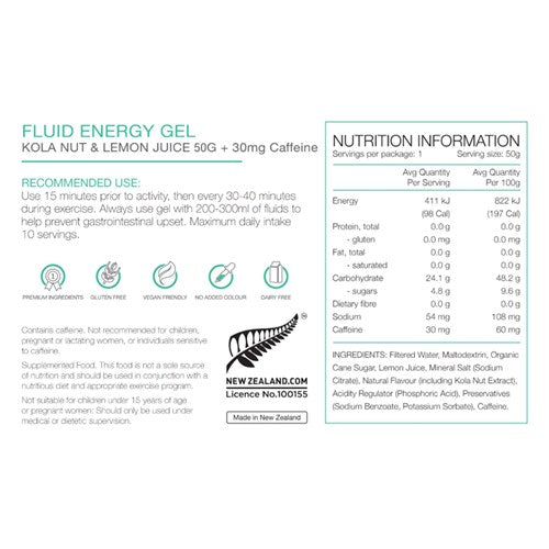 PURE | Fluid Energy Gel - Kola Nut & Lemon Juice with 30mg Caffeine - 50g